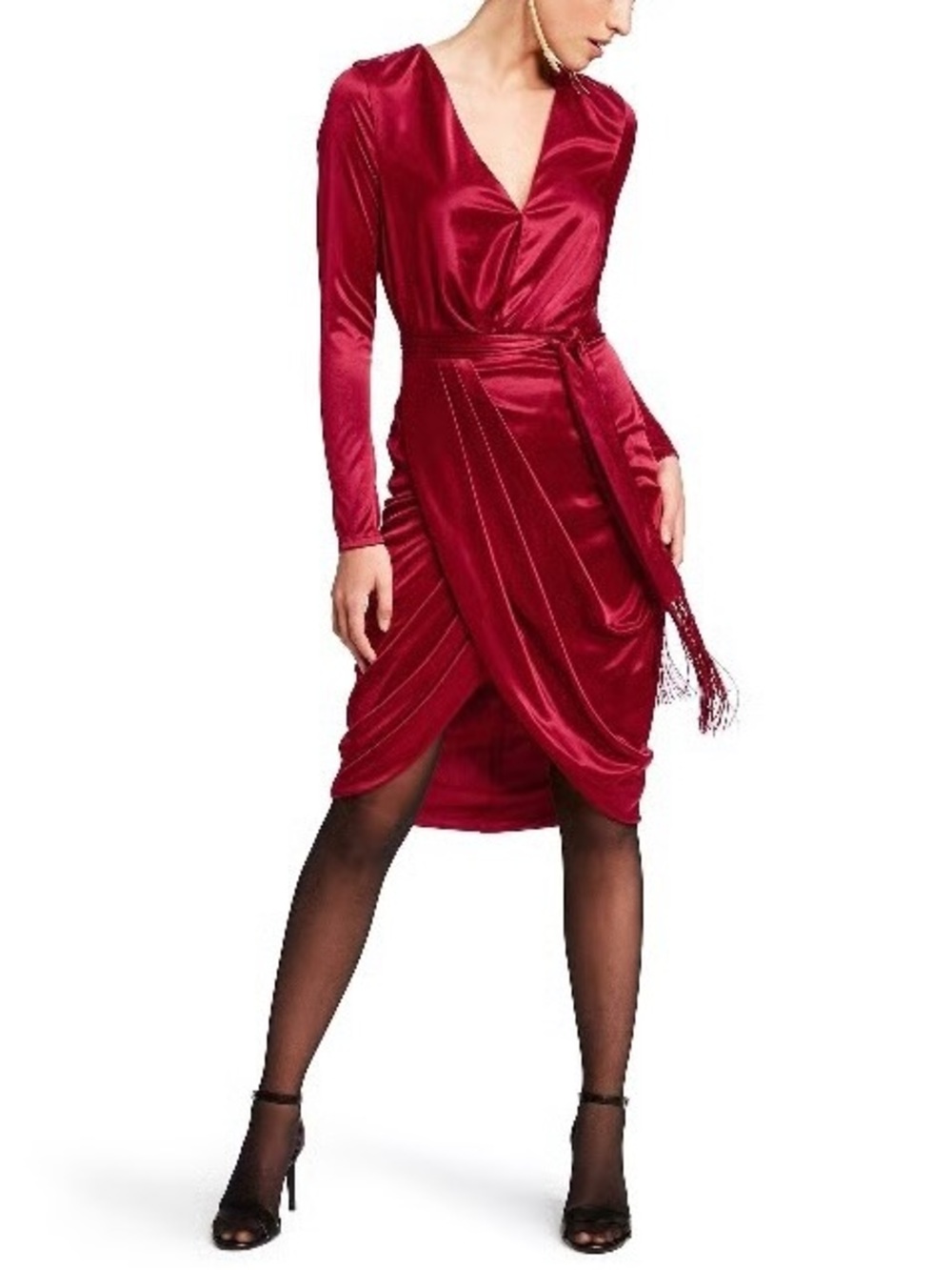 Altuzarra for Target Long-Sleeve Deep V-Neck Wrap Dress Red Satin Knee Length